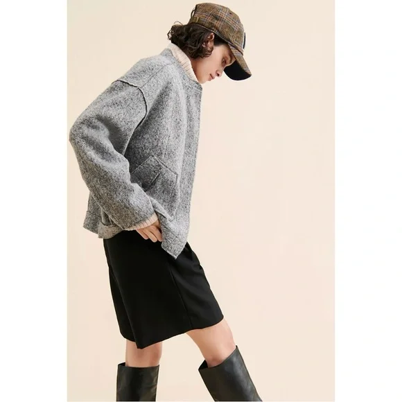 Free People Oversized Willow Bomber Jacket in Grey Size Large Academia Preppy - Picture 3 of 13